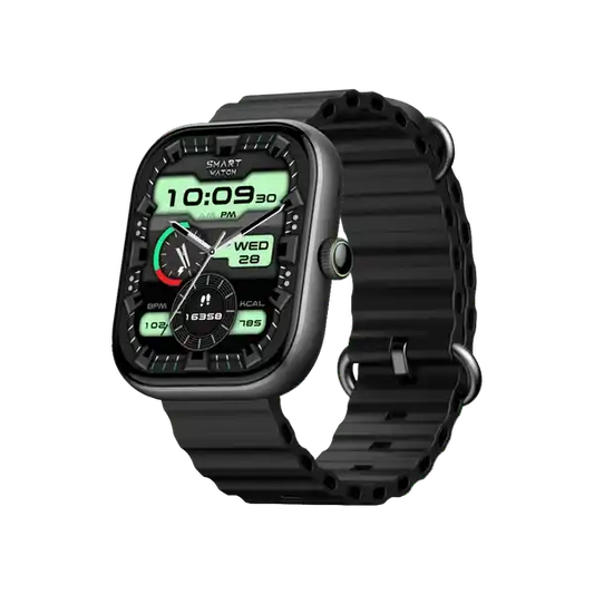 Black smartwatch with digital display on a white background