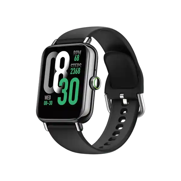 Black smartwatch with a digital display on a white background