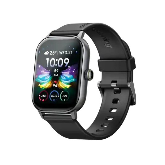Smartwatch with a black band on a white background