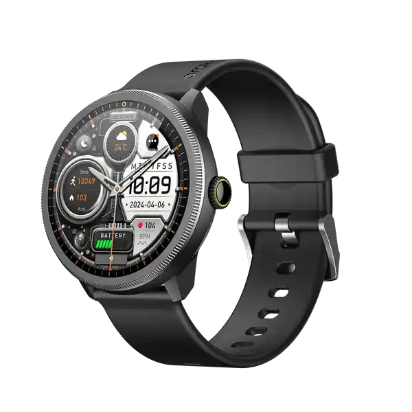 Black smartwatch with a detailed display
